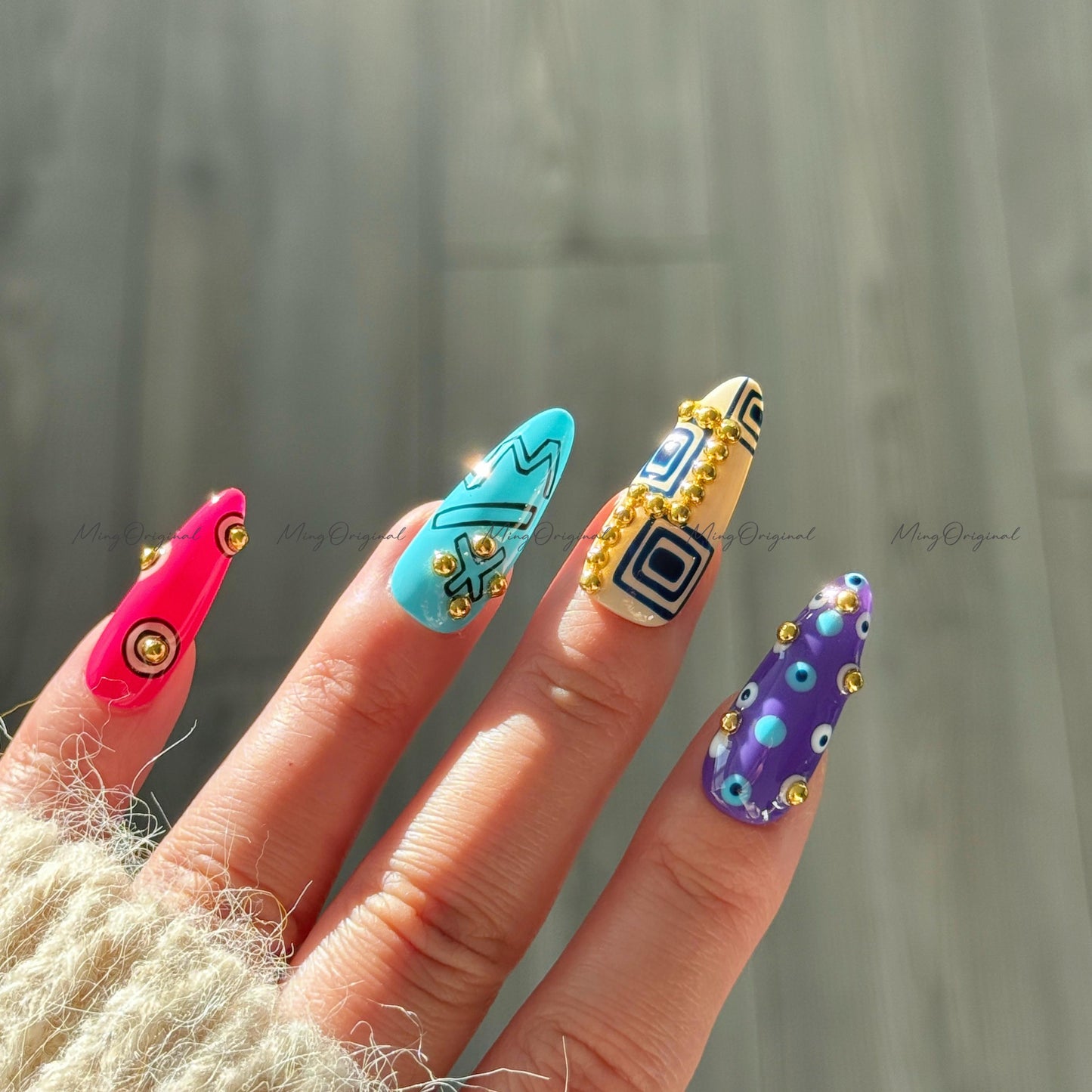 Bold Geometric Press-On Nails, Abstract Art Design with Gold Studs, Colorful Handmade Reusable Nails, statement nail, MO728