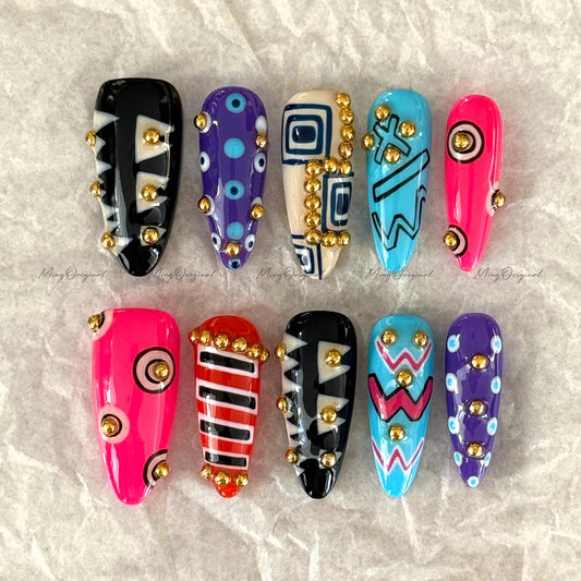 Bold Geometric Press-On Nails, Abstract Art Design with Gold Studs, Colorful Handmade Reusable Nails, statement nail, MO728