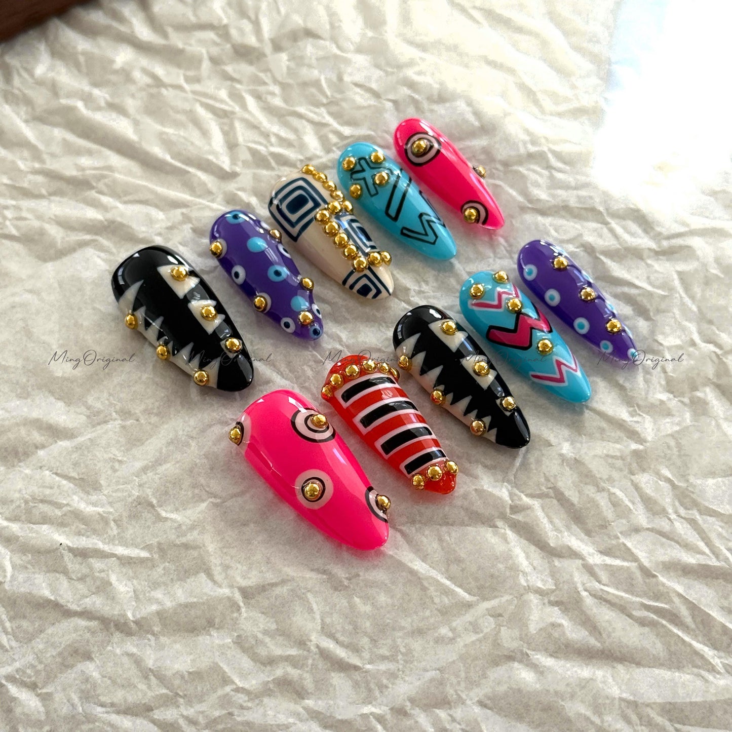 Bold Geometric Press-On Nails, Abstract Art Design with Gold Studs, Colorful Handmade Reusable Nails, statement nail, MO728