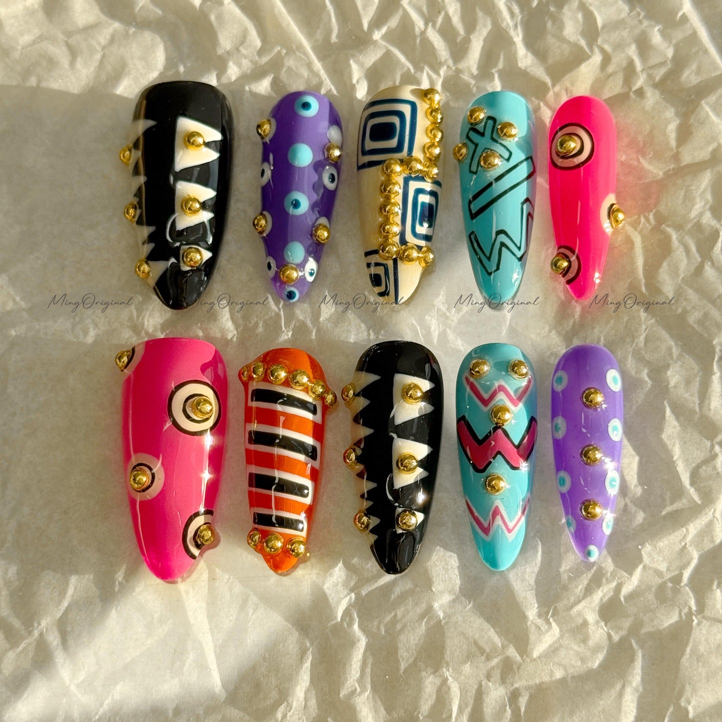 Bold Geometric Press-On Nails, Abstract Art Design with Gold Studs, Colorful Handmade Reusable Nails, statement nail, MO728