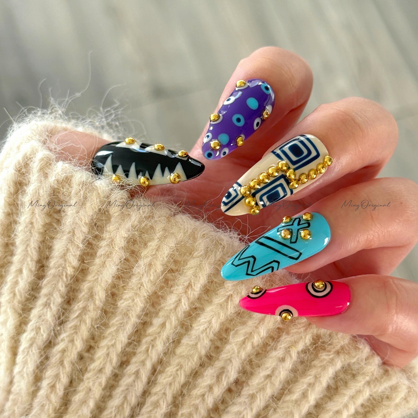 Bold Geometric Press-On Nails, Abstract Art Design with Gold Studs, Colorful Handmade Reusable Nails, statement nail, MO728