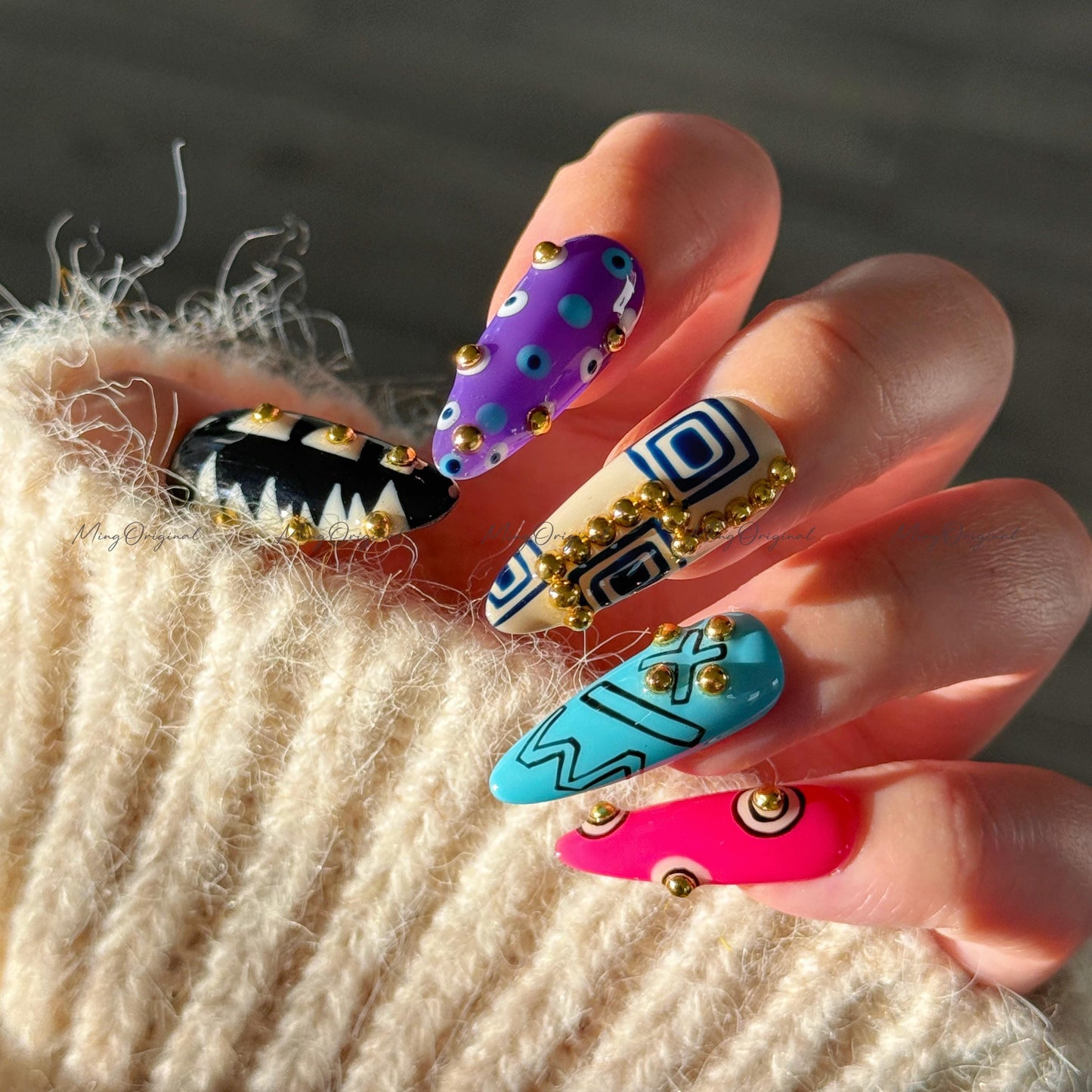 Bold Geometric Press-On Nails, Abstract Art Design with Gold Studs, Colorful Handmade Reusable Nails, statement nail, MO728
