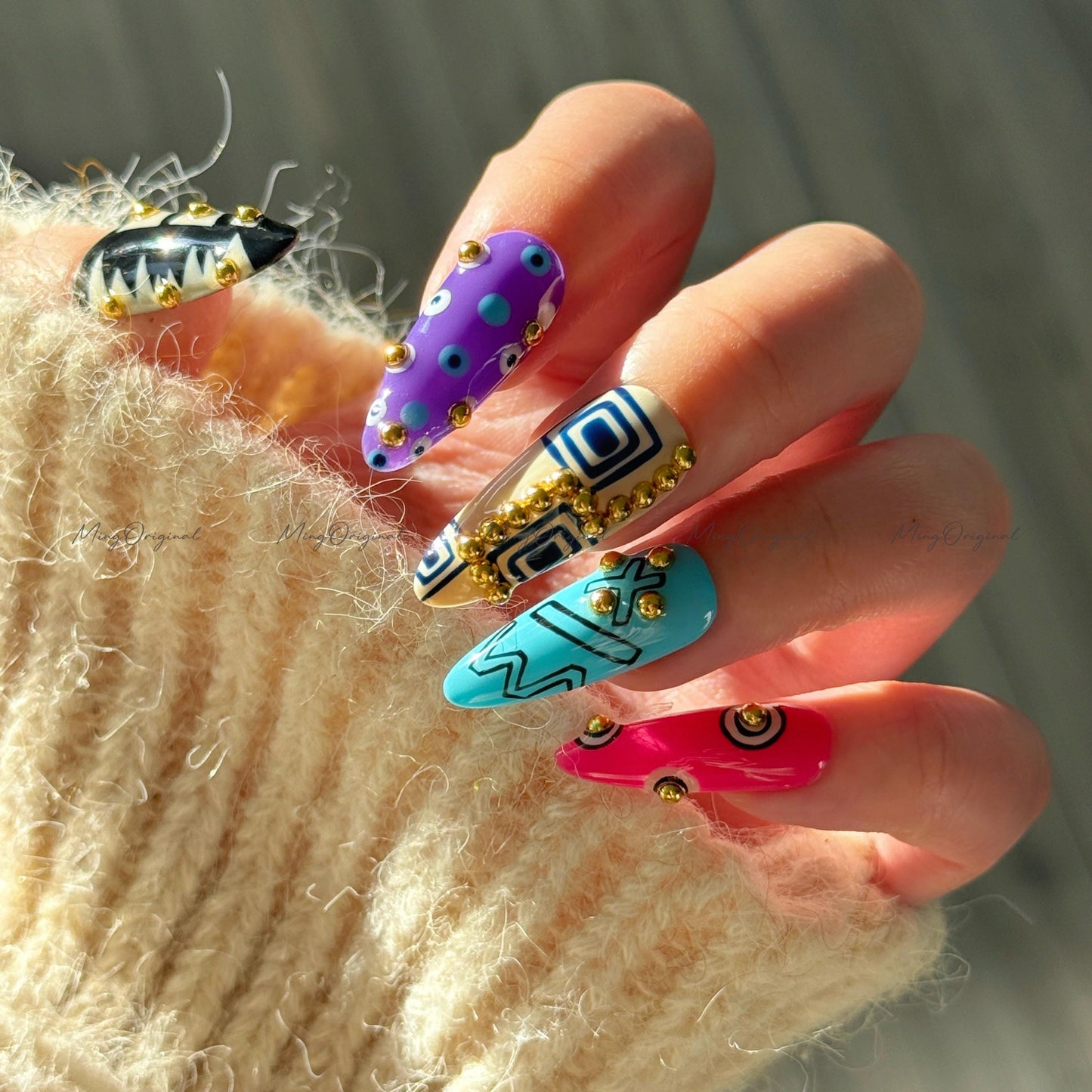 Bold Geometric Press-On Nails, Abstract Art Design with Gold Studs, Colorful Handmade Reusable Nails, statement nail, MO728