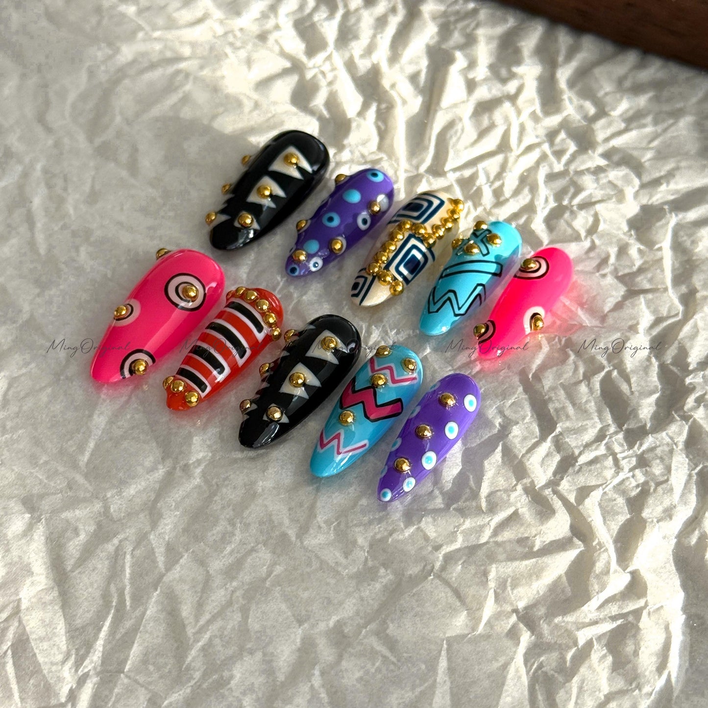Bold Geometric Press-On Nails, Abstract Art Design with Gold Studs, Colorful Handmade Reusable Nails, statement nail, MO728