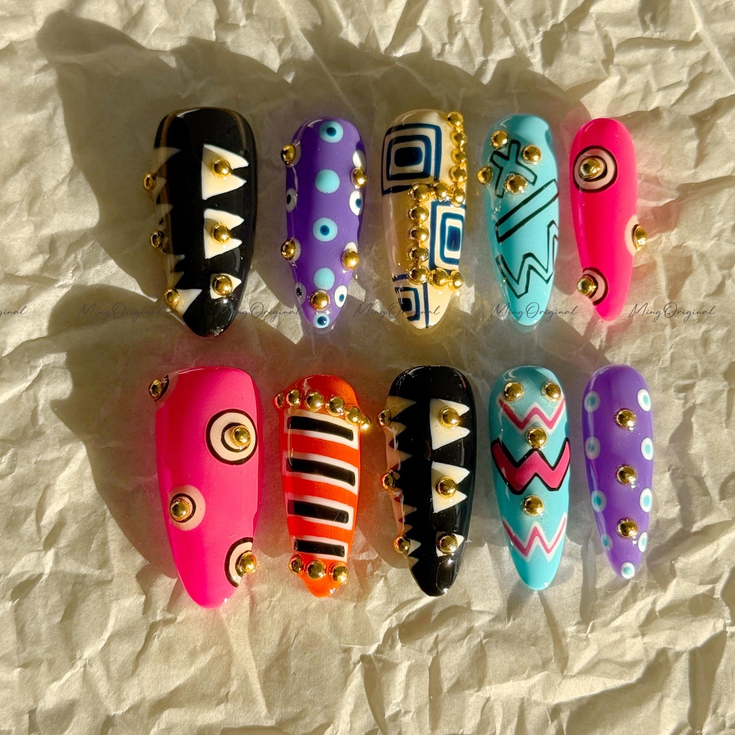 Bold Geometric Press-On Nails, Abstract Art Design with Gold Studs, Colorful Handmade Reusable Nails, statement nail, MO728