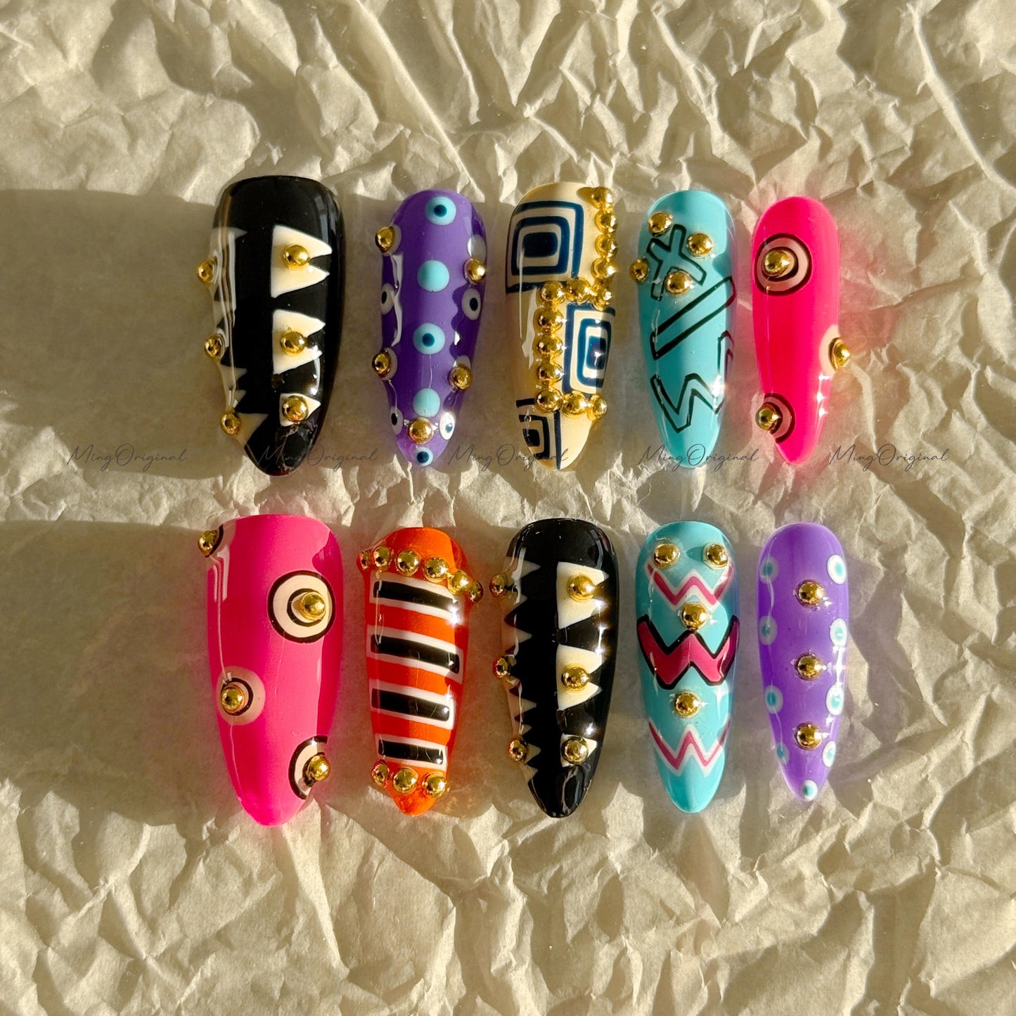 Bold Geometric Press-On Nails, Abstract Art Design with Gold Studs, Colorful Handmade Reusable Nails, statement nail, MO728