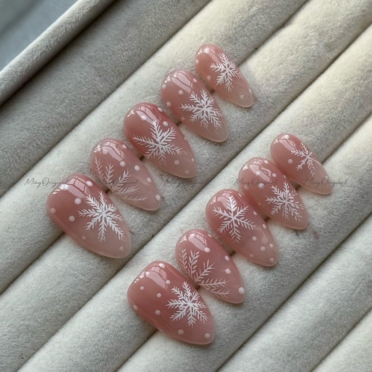 Snowflake Press-On Nails, Pink Ombre Winter Nail Art Set, Handmade Almond False Nails for Christmas & Holiday Season, gift for her, MO729