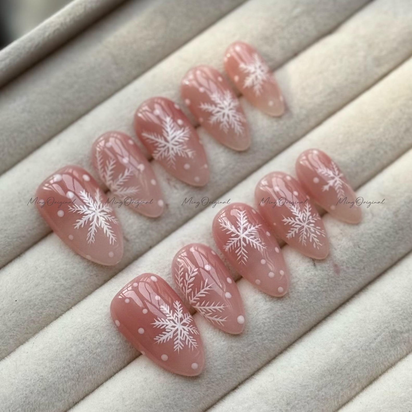 Snowflake Press-On Nails, Pink Ombre Winter Nail Art Set, Handmade Almond False Nails for Christmas & Holiday Season, gift for her, MO729