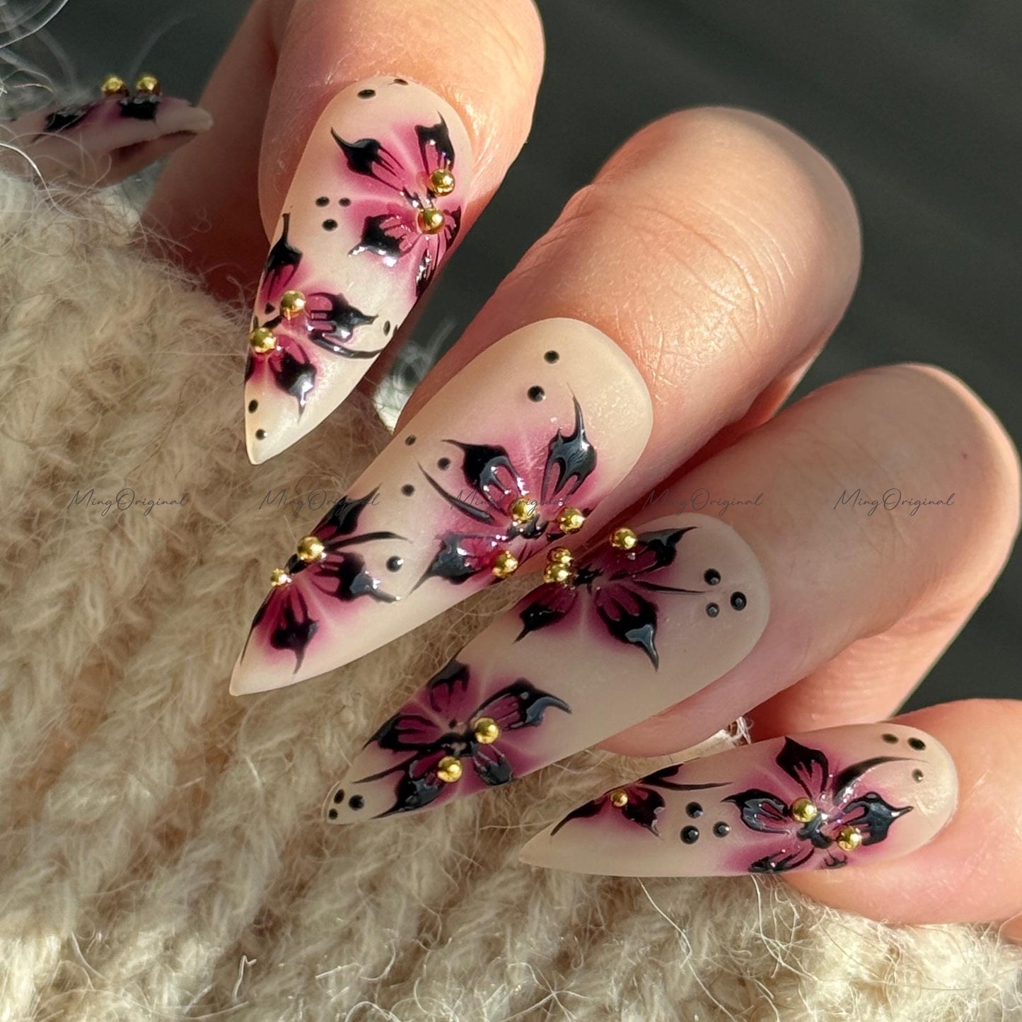 Purple Floral Press-On Nails, Nude Handmade Purple & Black Flower Nail Art, Gold Accents, Reusable False Nails, MO730