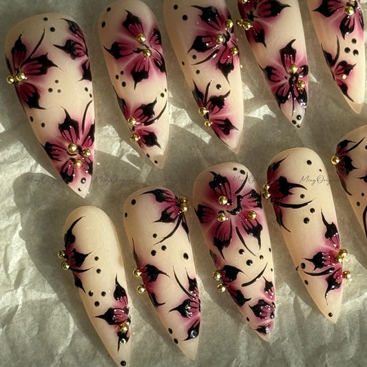 Purple Floral Press-On Nails, Nude Handmade Purple & Black Flower Nail Art, Gold Accents, Reusable False Nails, MO730