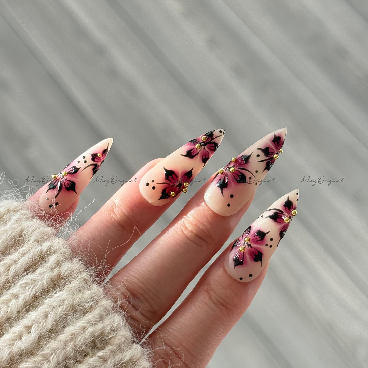 Purple Floral Press-On Nails, Nude Handmade Purple & Black Flower Nail Art, Gold Accents, Reusable False Nails, MO730