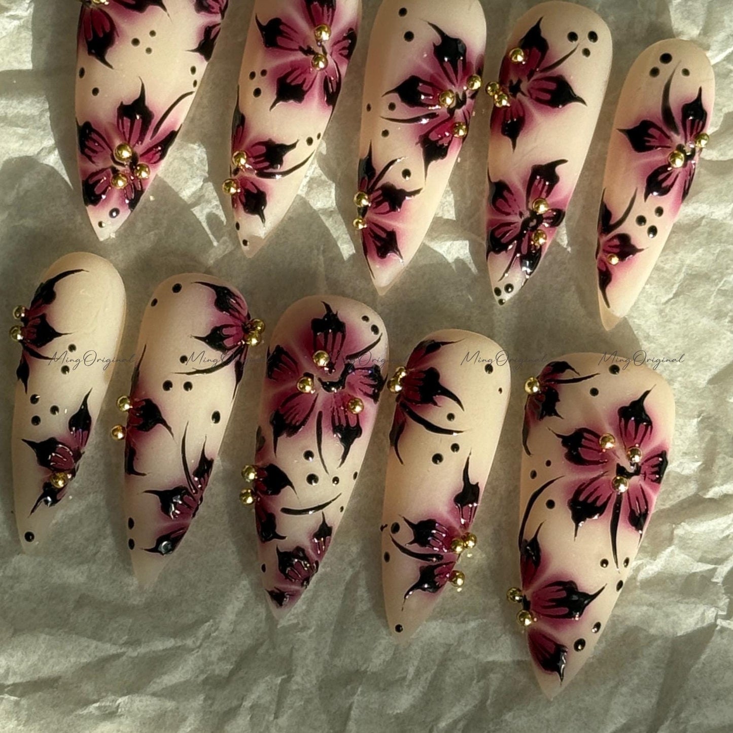 Purple Floral Press-On Nails, Nude Handmade Purple & Black Flower Nail Art, Gold Accents, Reusable False Nails, MO730