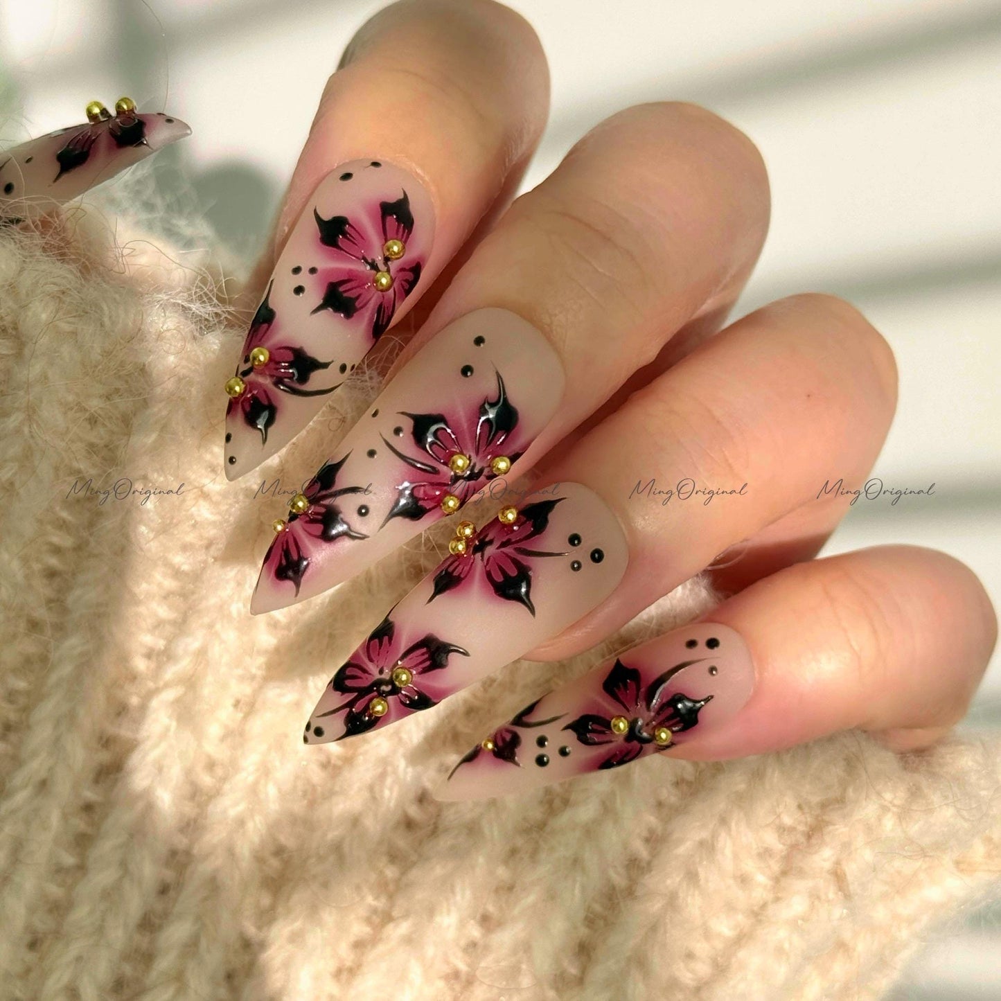 Purple Floral Press-On Nails, Nude Handmade Purple & Black Flower Nail Art, Gold Accents, Reusable False Nails, MO730