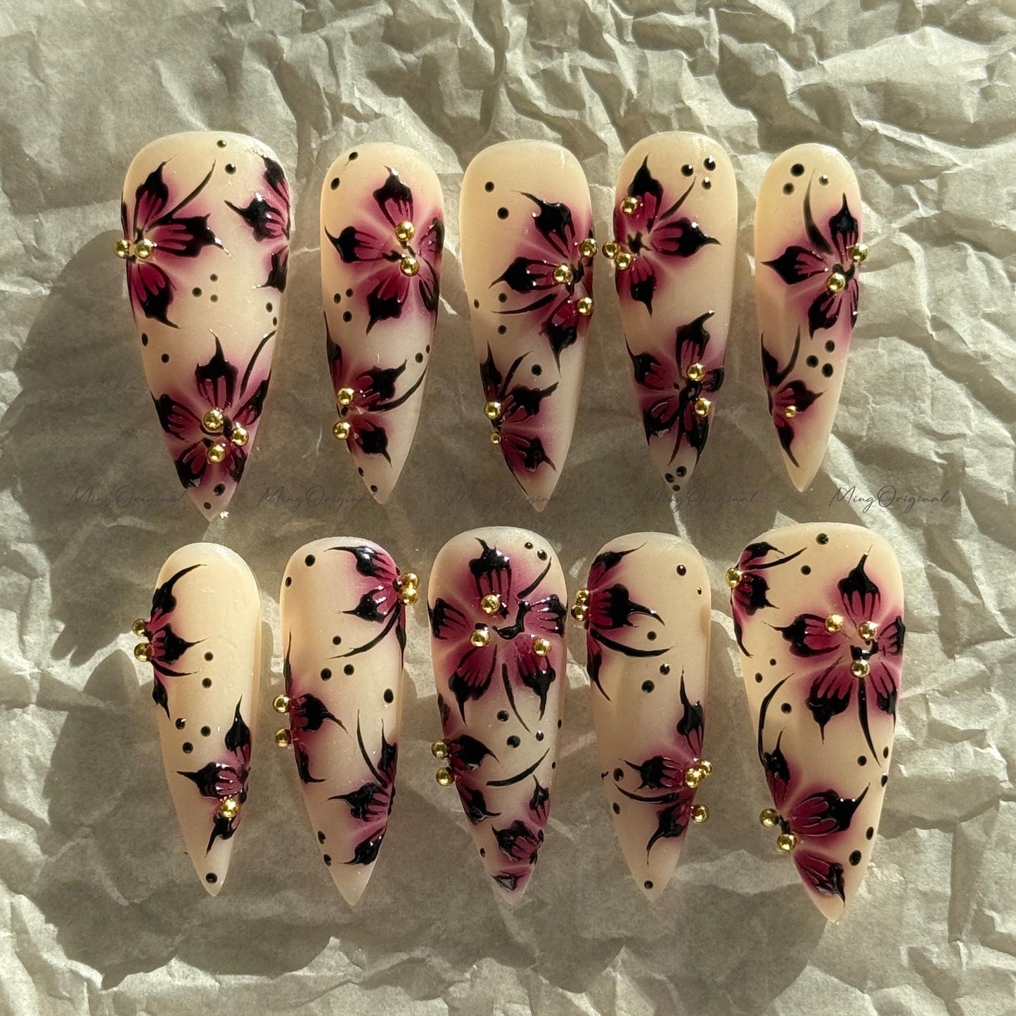 Purple Floral Press-On Nails, Nude Handmade Purple & Black Flower Nail Art, Gold Accents, Reusable False Nails, MO730