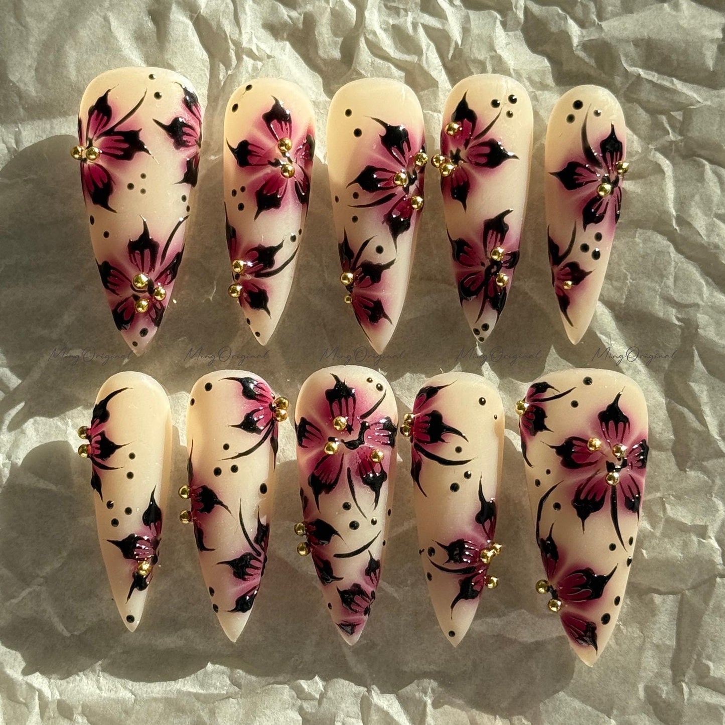 Purple Floral Press-On Nails, Nude Handmade Purple & Black Flower Nail Art, Gold Accents, Reusable False Nails, MO730