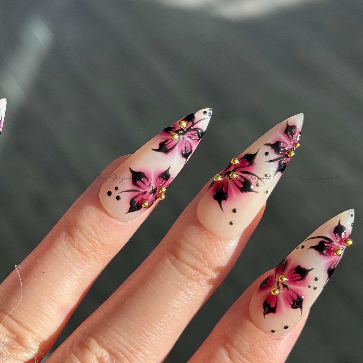 Purple Floral Press-On Nails, Nude Handmade Purple & Black Flower Nail Art, Gold Accents, Reusable False Nails, MO730