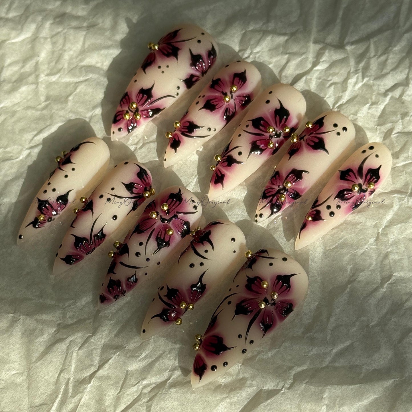 Purple Floral Press-On Nails, Nude Handmade Purple & Black Flower Nail Art, Gold Accents, Reusable False Nails, MO730