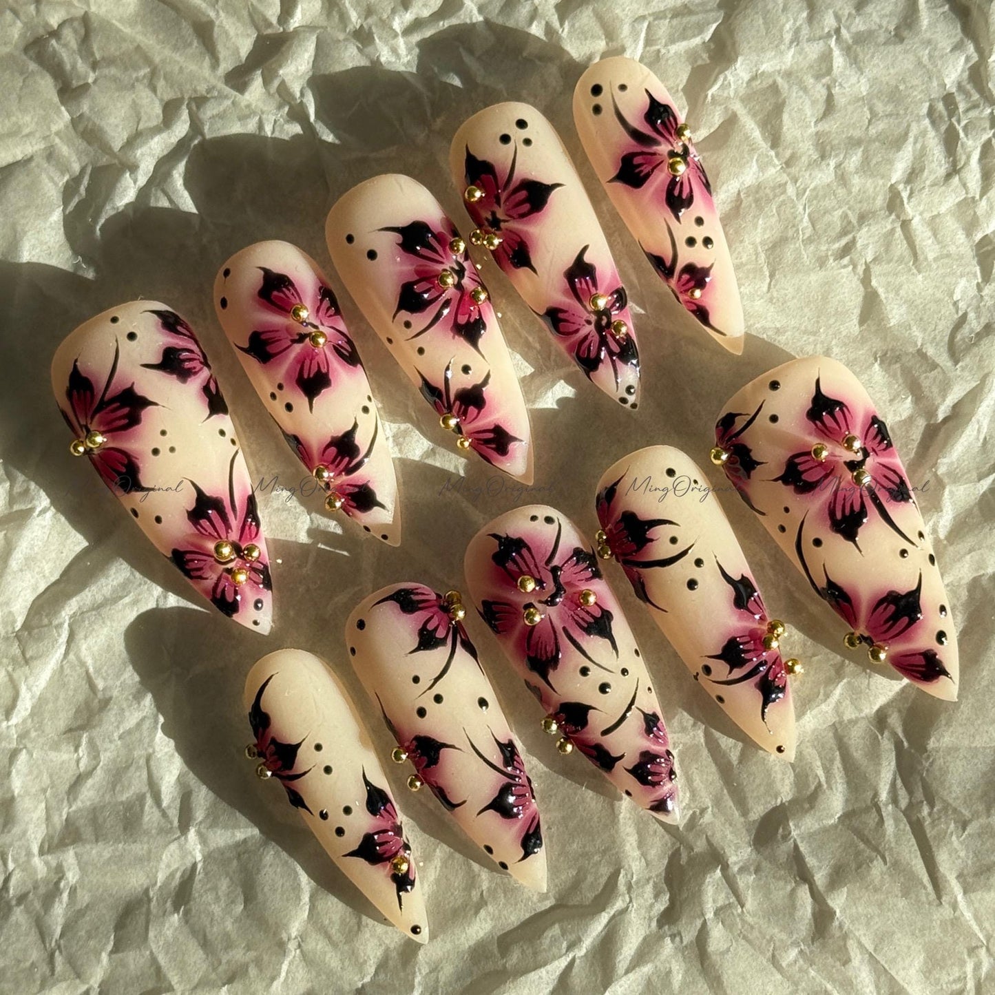 Purple Floral Press-On Nails, Nude Handmade Purple & Black Flower Nail Art, Gold Accents, Reusable False Nails, MO730