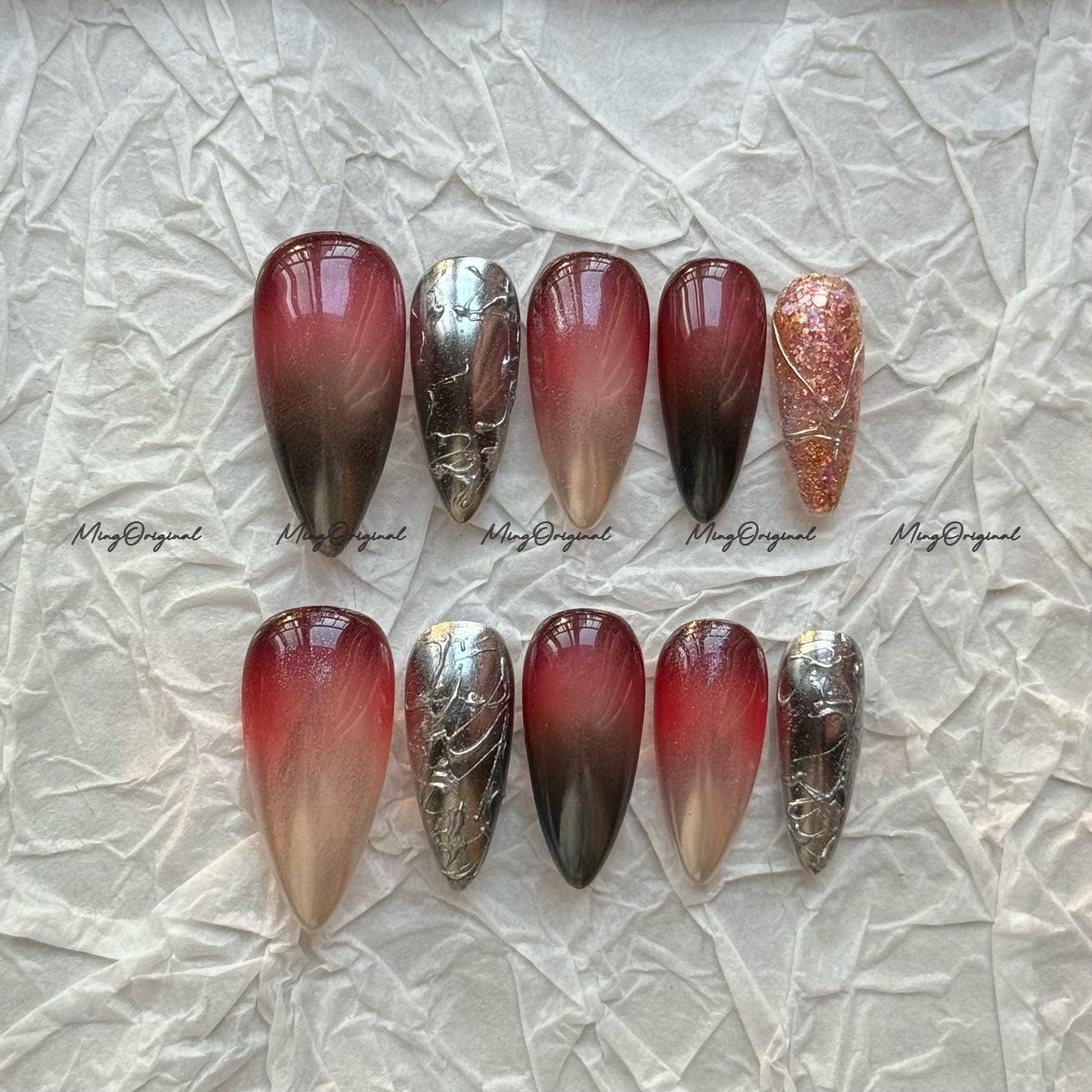 Free Style Chrome Mirror Gothic Press on Nails, Red and Black Silver Metallic Fake Goth Nail, Reusable Nails, MO752