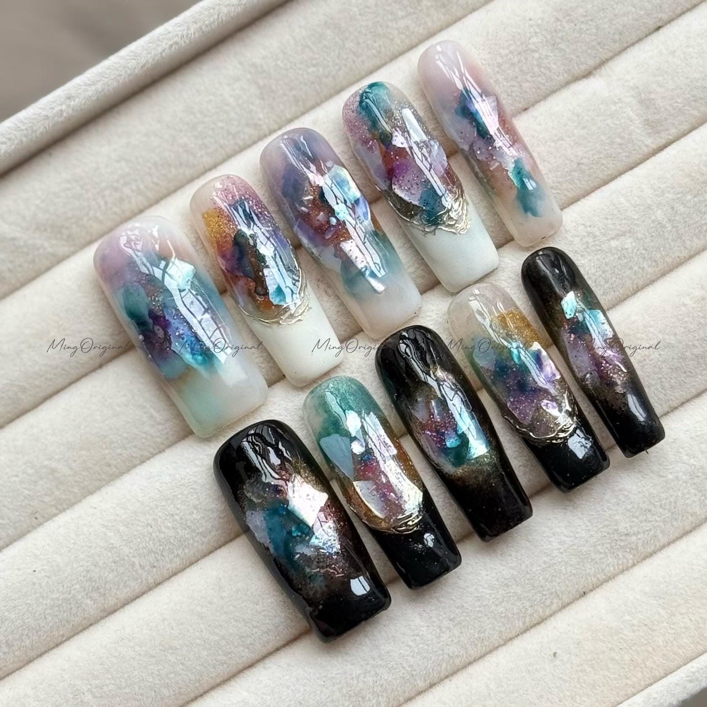 Iridescent Sea Shell Press-On Nails, Handmade Long Nail Art with Glitter, Multicolor Marble Aurora Shimmer, Reusable False Nails,MO731