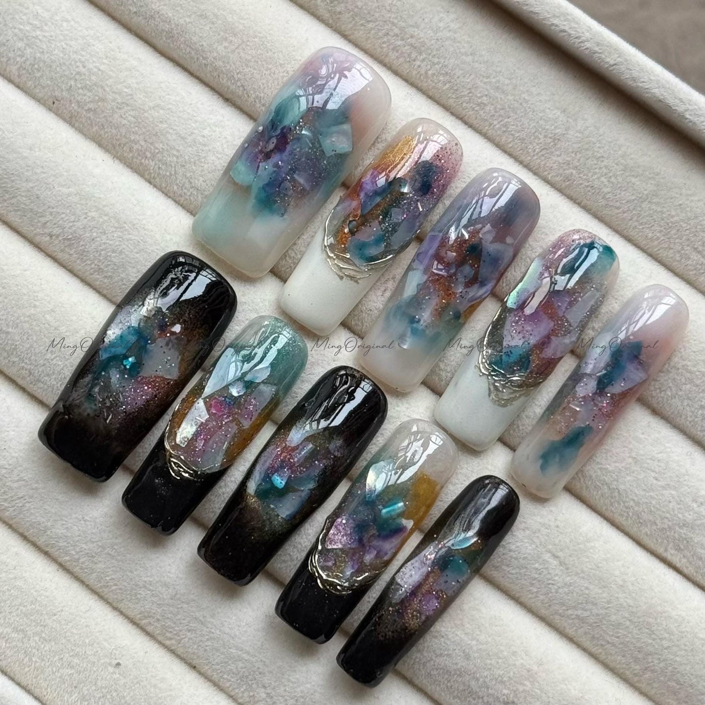 Iridescent Sea Shell Press-On Nails, Handmade Long Nail Art with Glitter, Multicolor Marble Aurora Shimmer, Reusable False Nails,MO731