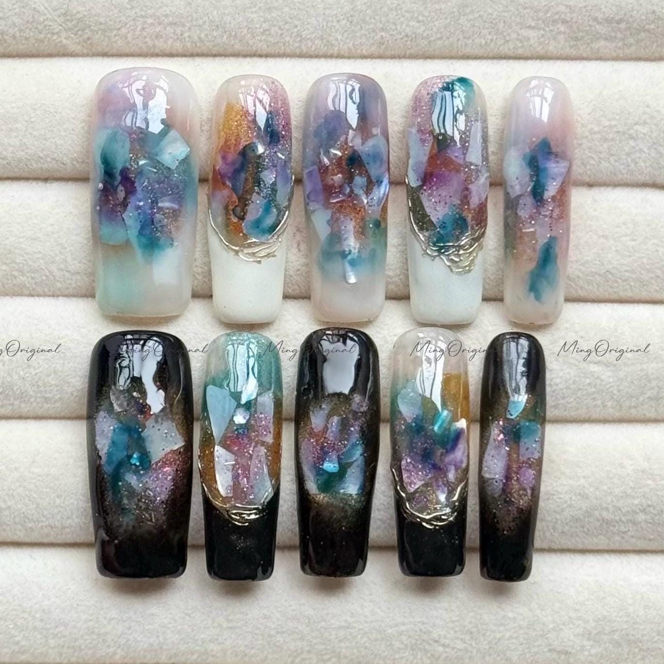 Iridescent Sea Shell Press-On Nails, Handmade Long Nail Art with Glitter, Multicolor Marble Aurora Shimmer, Reusable False Nails,MO731