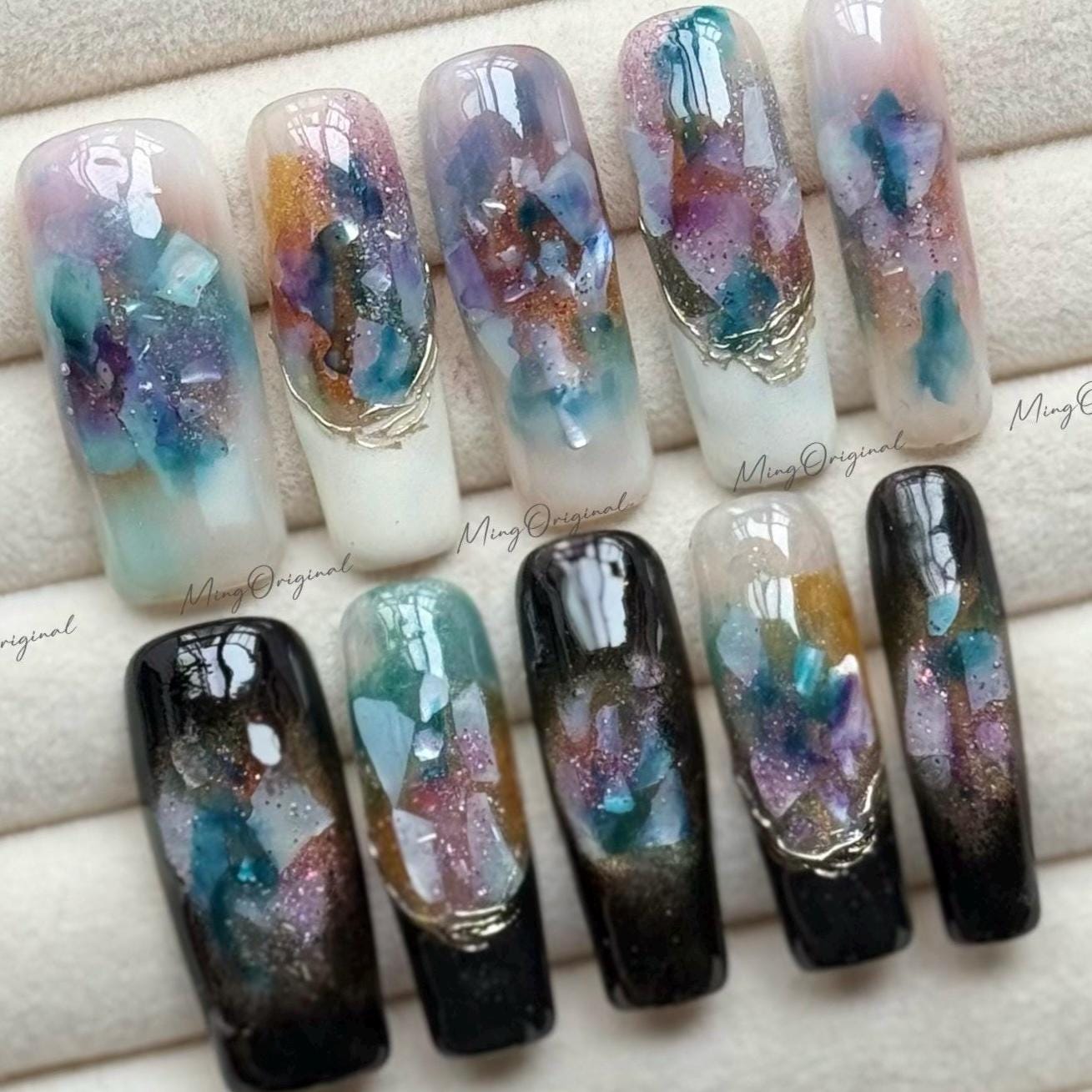 Iridescent Sea Shell Press-On Nails, Handmade Long Nail Art with Glitter, Multicolor Marble Aurora Shimmer, Reusable False Nails,MO731
