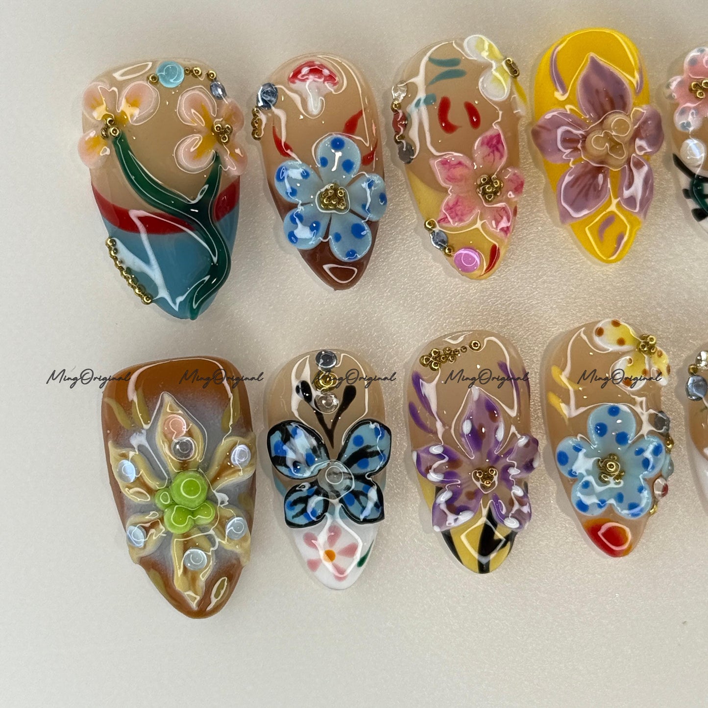 3D sculptured flower and butterfly Press on Nails, Free Style tropical Fairycore lotus Floral nail, ladybirds fake nail, gift for her, MO732