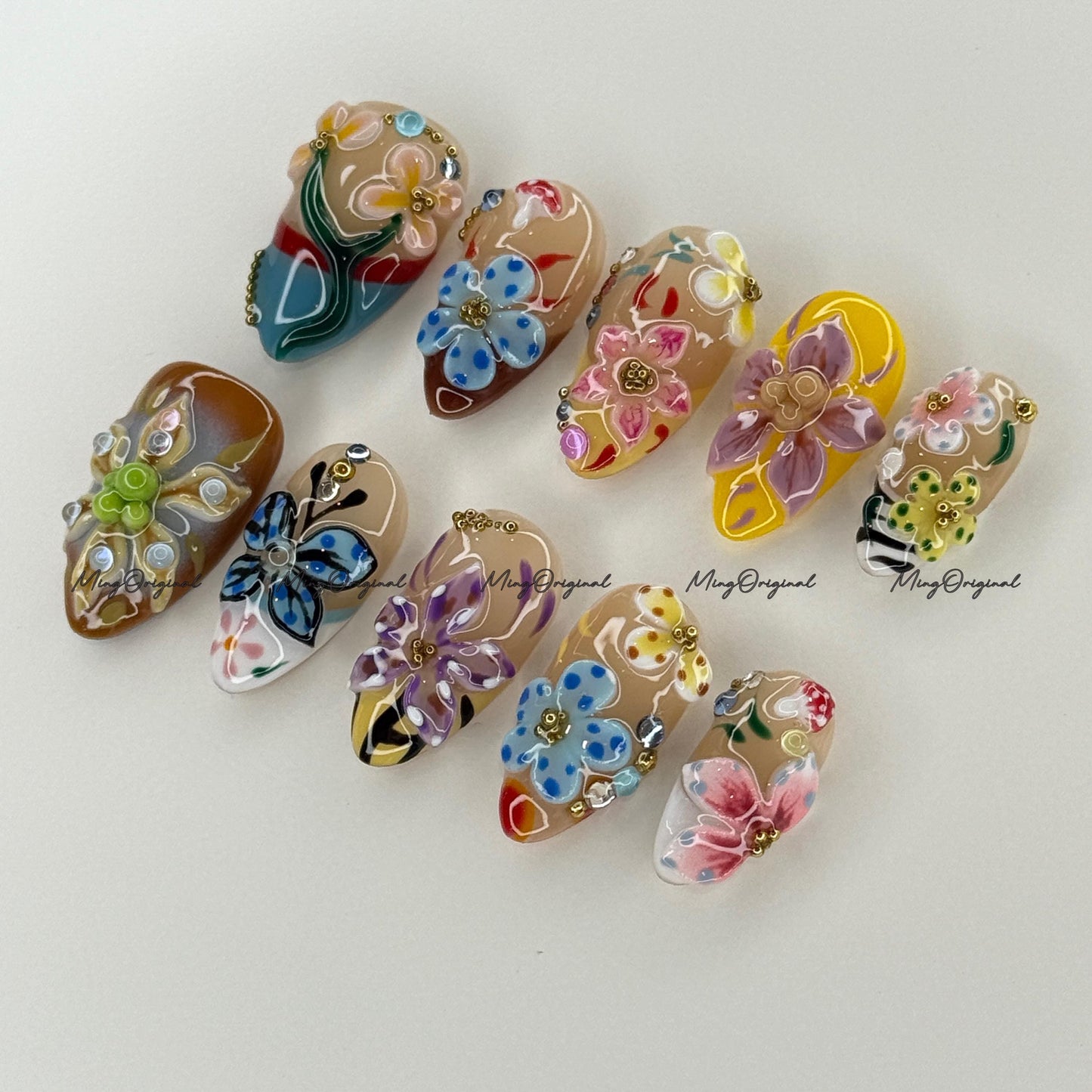 3D sculptured flower and butterfly Press on Nails, Free Style tropical Fairycore lotus Floral nail, ladybirds fake nail, gift for her, MO732