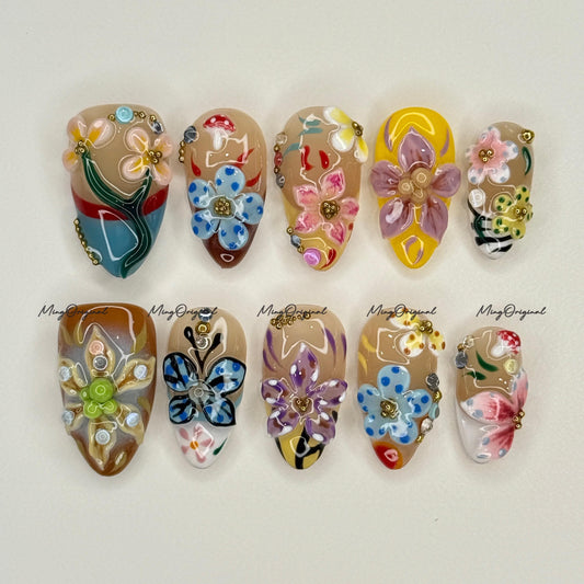 3D sculptured flower and butterfly Press on Nails, Free Style tropical Fairycore lotus Floral nail, ladybirds fake nail, gift for her, MO732