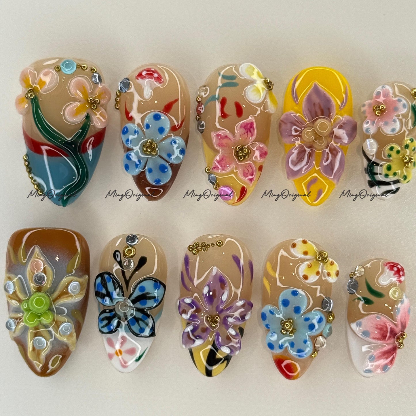 3D sculptured flower and butterfly Press on Nails, Free Style tropical Fairycore lotus Floral nail, ladybirds fake nail, gift for her, MO732