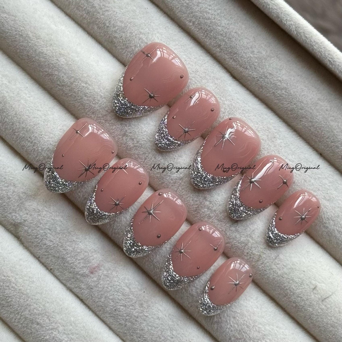 Silver Glitter Press on Nails, French Tip, Nude Pink Glittery Everyday Nail, Glue on Nail, Fake Nails, Reusable Nails, MO753