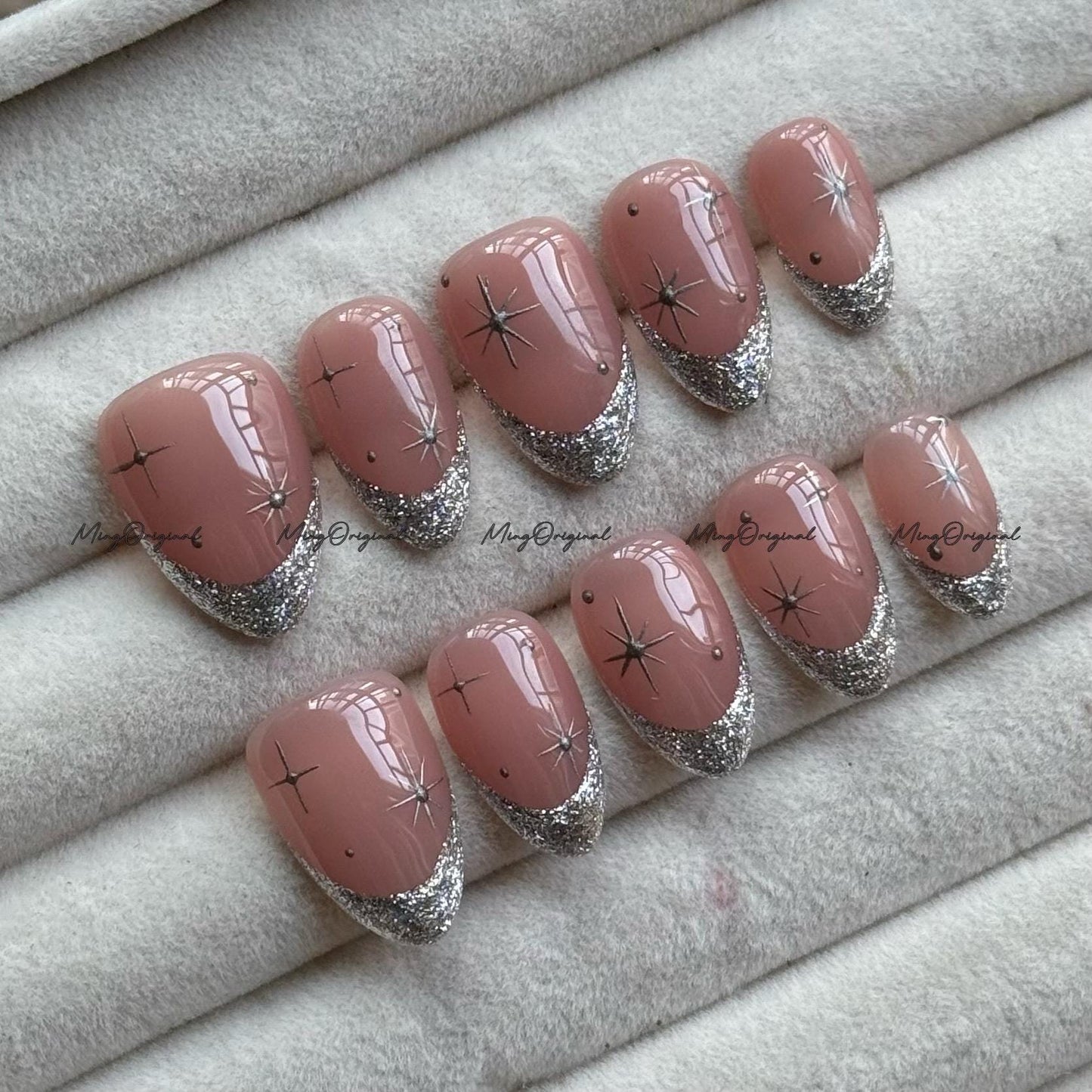 Silver Glitter Press on Nails, French Tip, Nude Pink Glittery Everyday Nail, Glue on Nail, Fake Nails, Reusable Nails, MO753