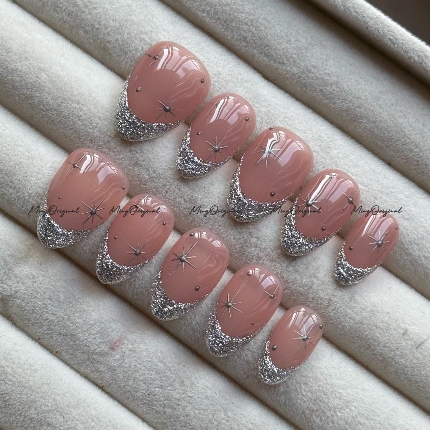 Silver Glitter Press on Nails, French Tip, Nude Pink Glittery Everyday Nail, Glue on Nail, Fake Nails, Reusable Nails, MO753