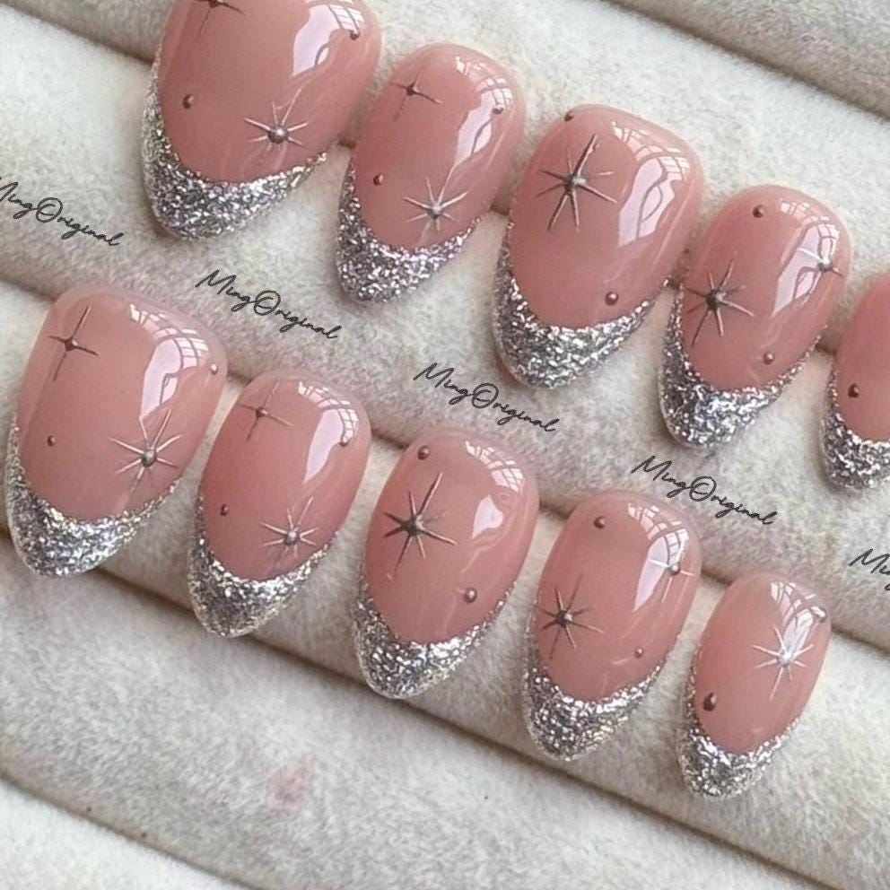 Silver Glitter Press on Nails, French Tip, Nude Pink Glittery Everyday Nail, Glue on Nail, Fake Nails, Reusable Nails, MO753