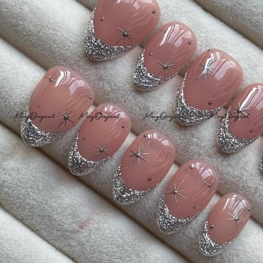 Silver Glitter Press on Nails, French Tip, Nude Pink Glittery Everyday Nail, Glue on Nail, Fake Nails, Reusable Nails, MO753