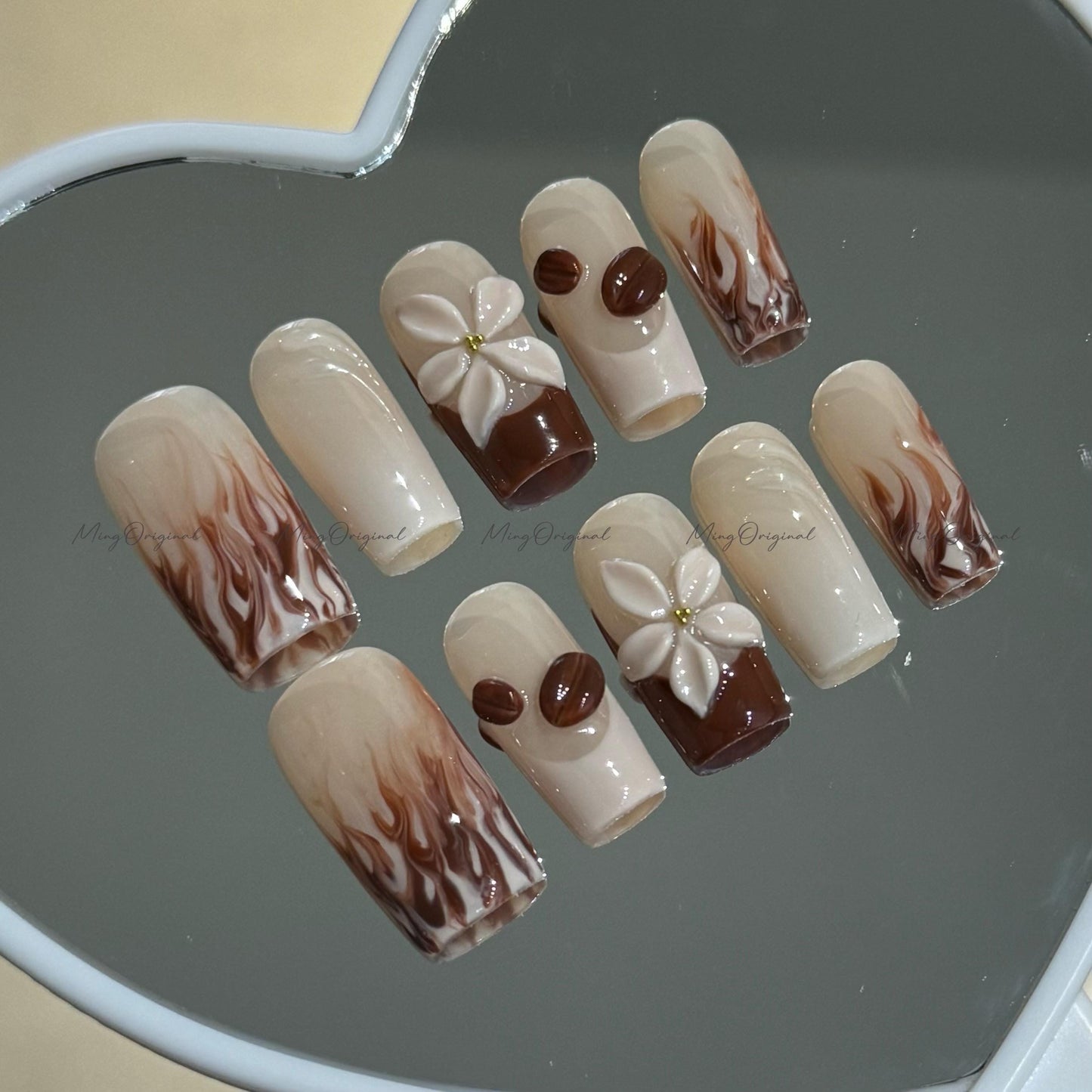 Espresso Coffee press on nails, milky latte brown and white swirl nails with 3D coffee beans, milky flower reusable nail, MO733