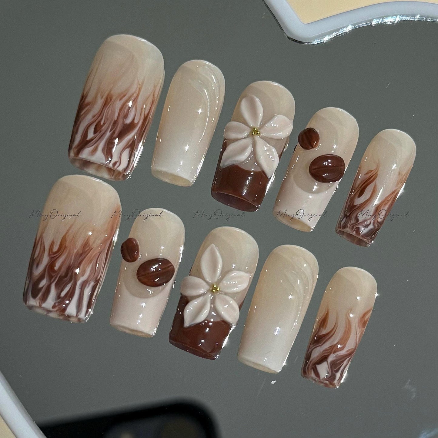 Espresso Coffee press on nails, milky latte brown and white swirl nails with 3D coffee beans, milky flower reusable nail, MO733