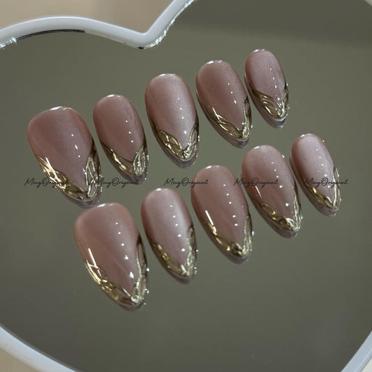 Gold Chrome Tip Press on Nails, Silky Velvet Nude Cat Eye Classy French Tip Gold Mirror Chrome hand painted fake Nails,Everyday nail, MO756