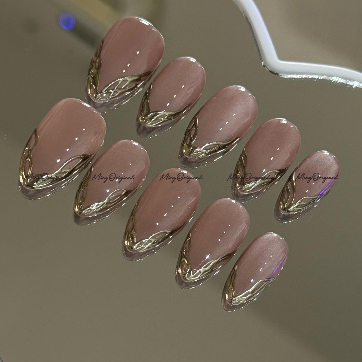 Gold Chrome Tip Press on Nails, Silky Velvet Nude Cat Eye Classy French Tip Gold Mirror Chrome hand painted fake Nails,Everyday nail, MO756