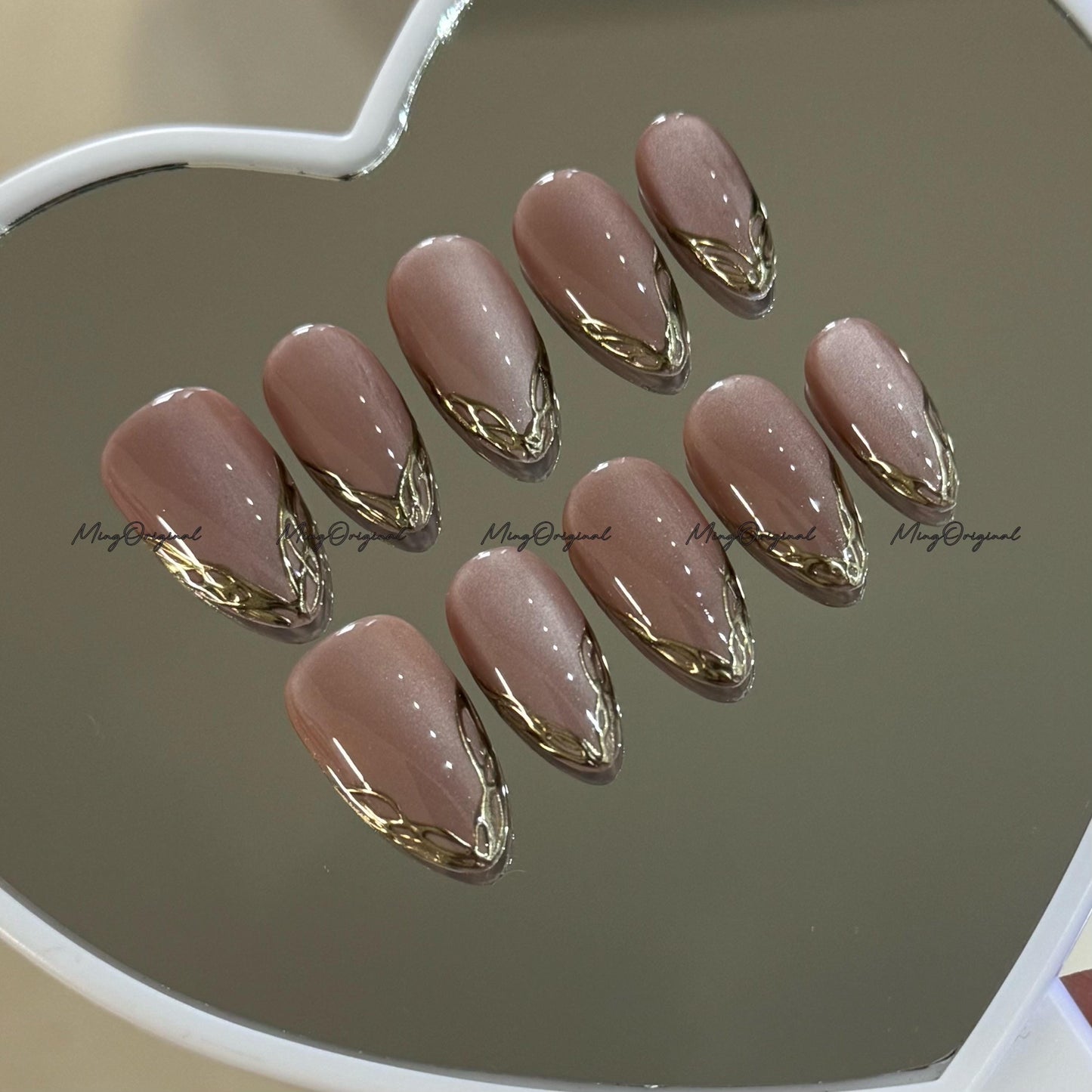 Gold Chrome Tip Press on Nails, Silky Velvet Nude Cat Eye Classy French Tip Gold Mirror Chrome hand painted fake Nails,Everyday nail, MO756