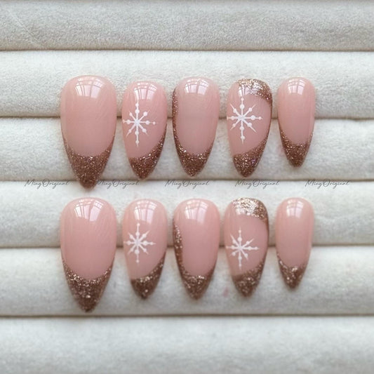 Snowflake Glitter French Tip Press-On Nail, Minimalist design, reflective sparkling french tip nails, champagne gold Christmas nail, MO735