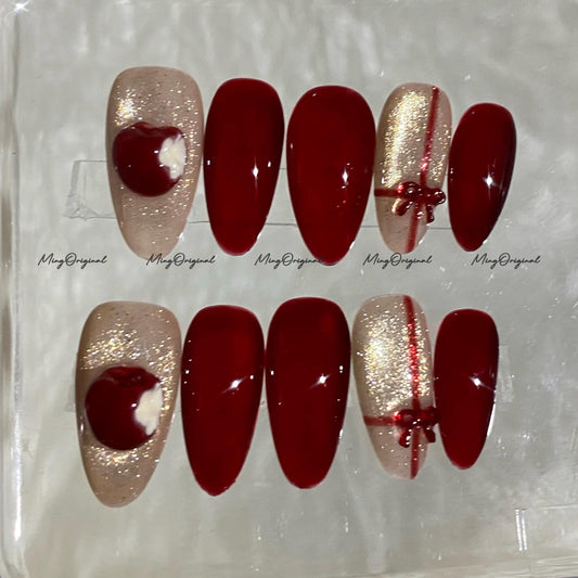Apple Bite Fruit Lover press on nails, gift wrap red nails, glittery cat eye, sparkling nails, 3d nail, reusable nails, fake nail, MO736