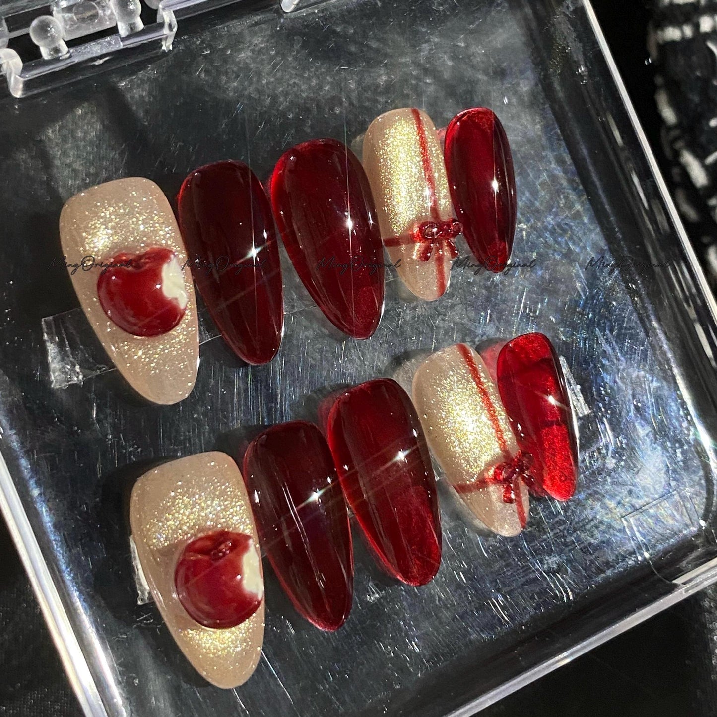 Apple Bite Fruit Lover press on nails, gift wrap red nails, glittery cat eye, sparkling nails, 3d nail, reusable nails, fake nail, MO736