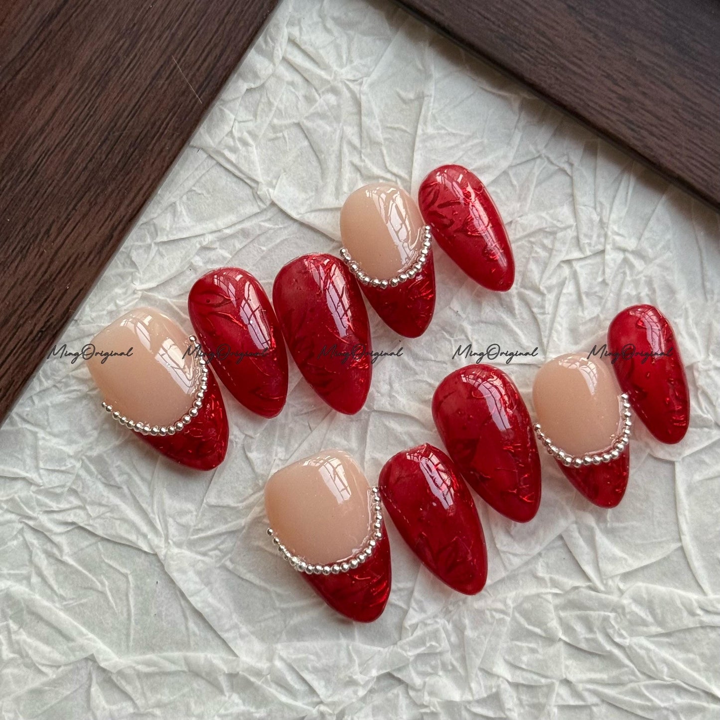 Velvet Fade Press-On Nails, Nude to Deep Red Gradient with Silver Bead Accent | Handmade Winter Glam Nail Art, MO759