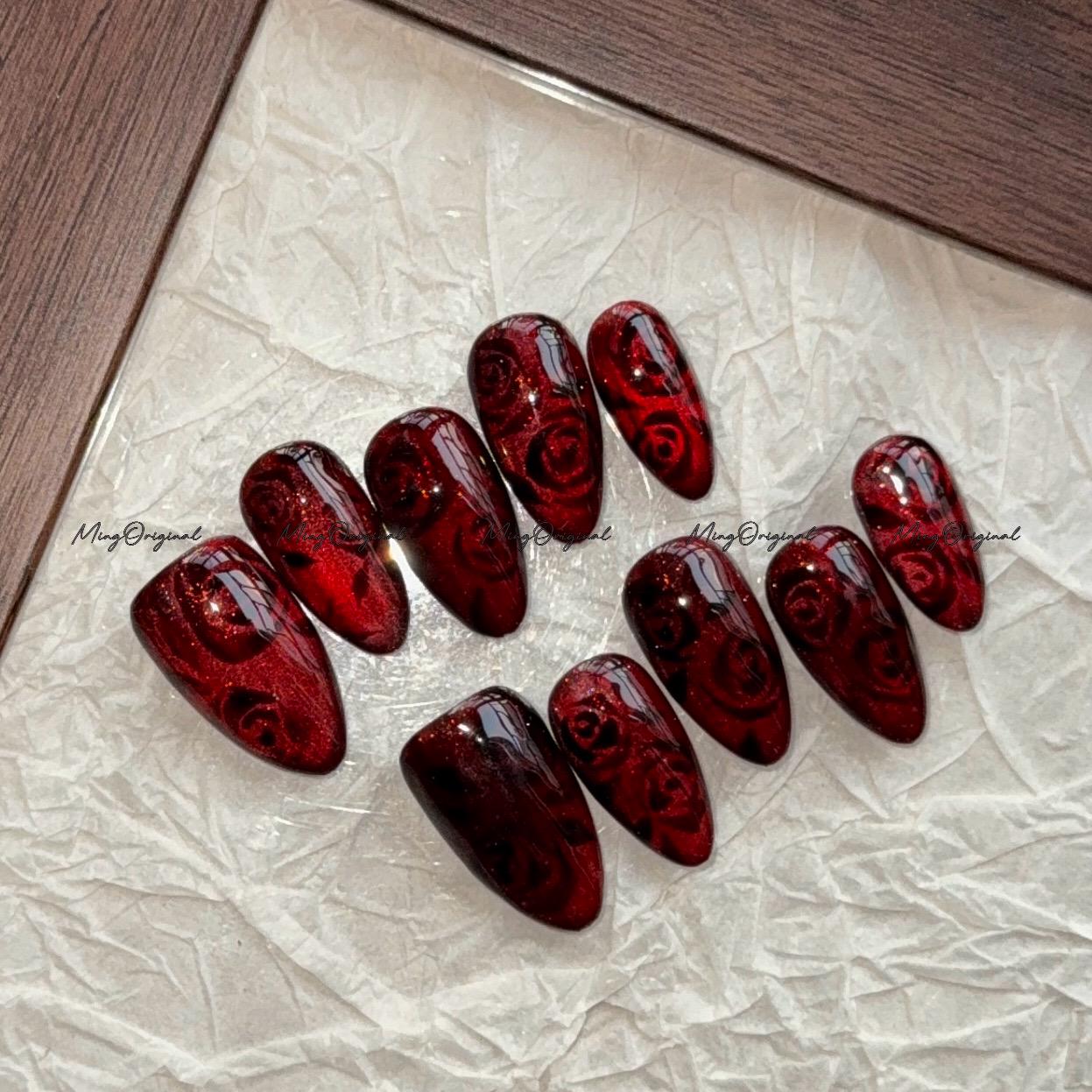 Velvet Rose Press-On Nails, Deep Red Glossy Nails with Embedded Black Floral Art, Cat Eye Handmade Romantic Nail Set, MO760