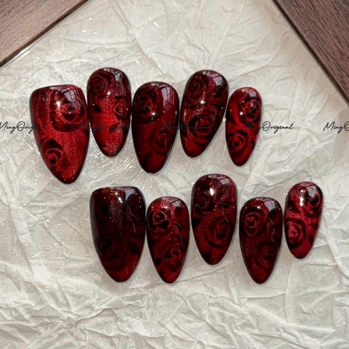 Velvet Rose Press-On Nails, Deep Red Glossy Nails with Embedded Black Floral Art, Cat Eye Handmade Romantic Nail Set, MO760