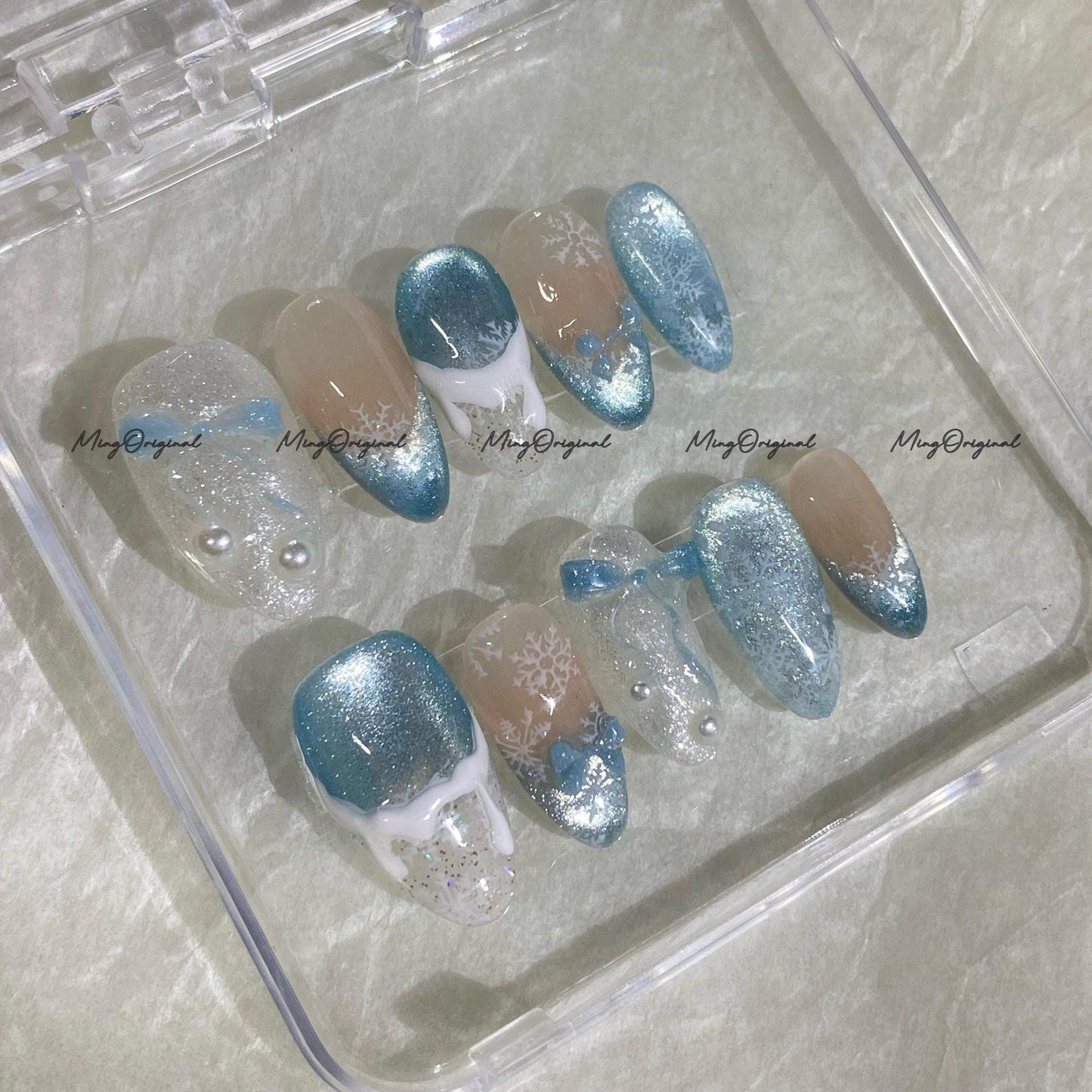 Frozen Sparkle Blue Ombre Press-On Nails, Reusable Glitter Snowflake Nail Set with Pearls, 3D Nail, Cat Eye Nails, MO737