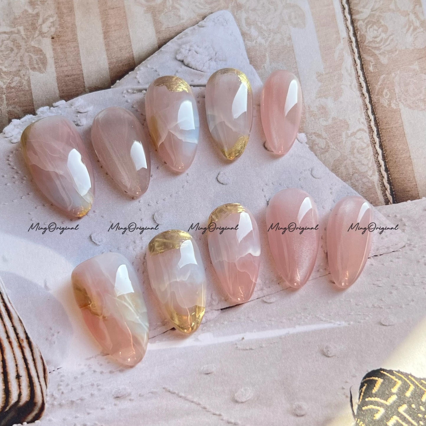 Pastel Marble Press-On Nails, Pink, Beige White with Gold Detail, Handmade Elegant Nail Art for Gifts & Everyday Glam, MO761