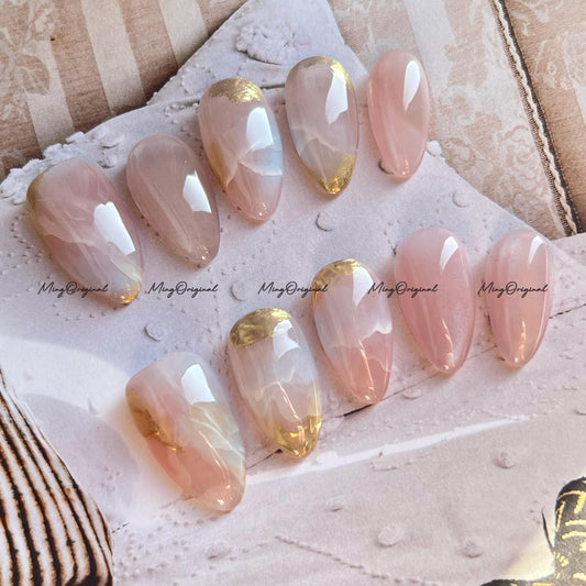 Pastel Marble Press-On Nails, Pink, Beige White with Gold Detail, Handmade Elegant Nail Art for Gifts & Everyday Glam, MO761